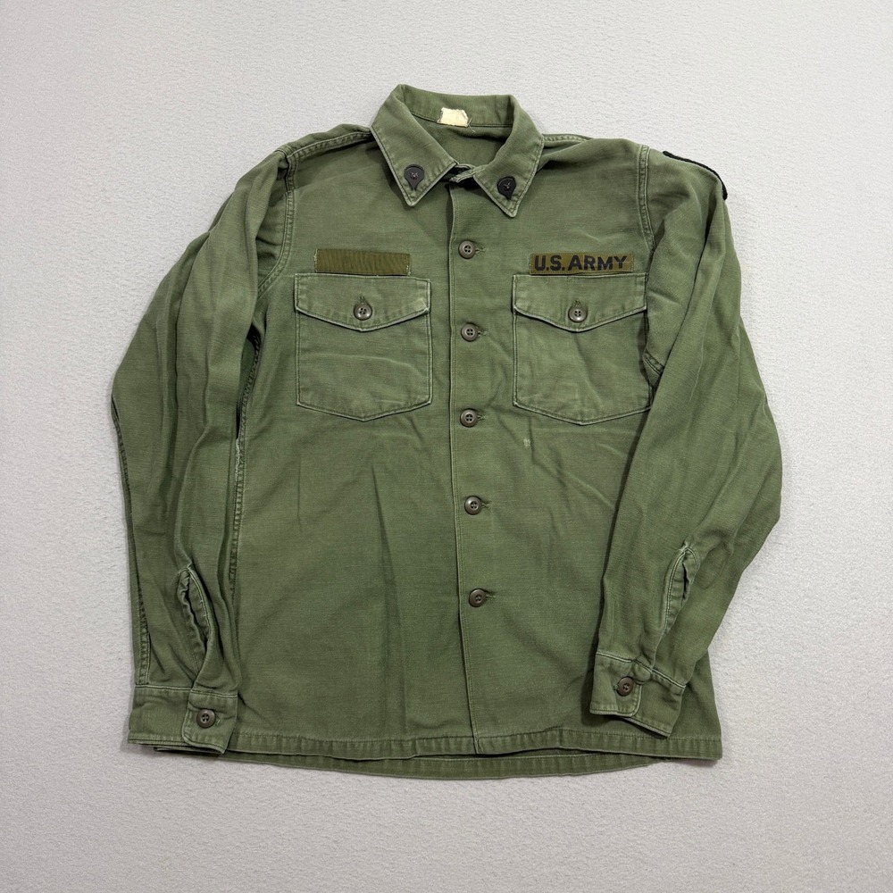 Vintage Military Shirt Men 15.5x35 Green US Army OG-107 Utility Fatigue Sateen